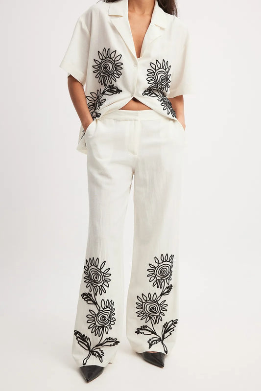 WHITE EMBROIDERED FLORAL LOUNGE SET
