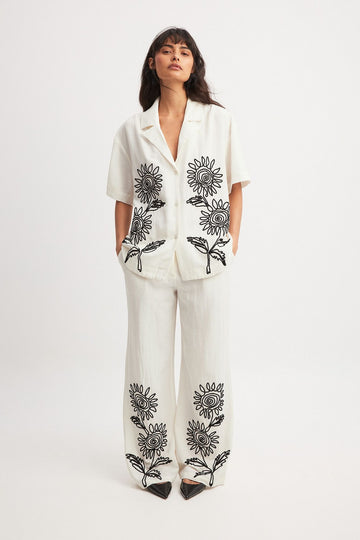 WHITE EMBROIDERED FLORAL LOUNGE SET