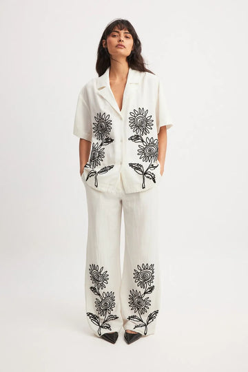 WHITE EMBROIDERED FLORAL LOUNGE SET