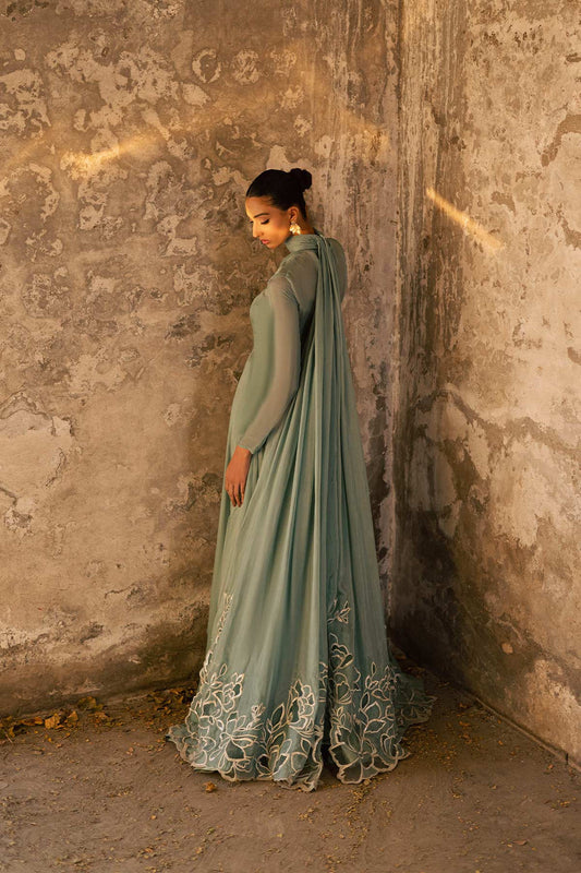 Sabz-e-Saher Mint Silk Front-Open Peshwas