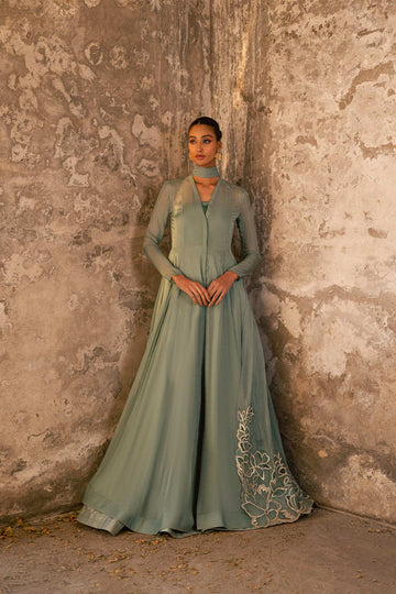 Sabz-e-Saher Mint Silk Front-Open Peshwas