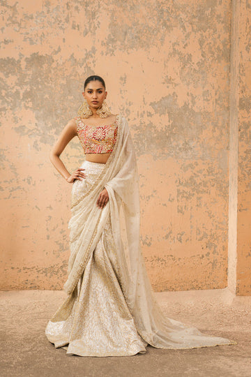 Heer Zara White Gold Banarasi Lehenga Saree